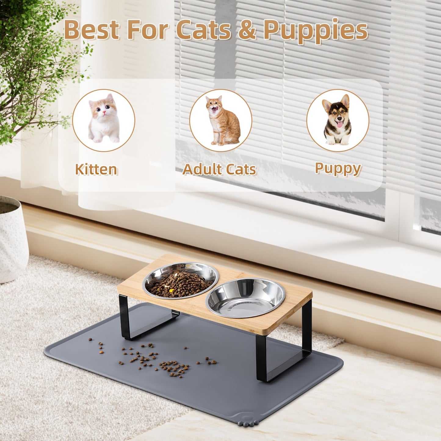 Upgraded Elevated Cat Bowls with Food Mat,15°Tilted Stand Anti Vomiting Raised Cat Dishes for Food and Water,2 Stainless Steel Bowls for Cats and Puppy