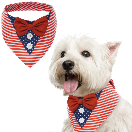 FUAMEY Independence Day Dog Scarfs 4th of July American Flag Triangle Bibs with Bow Tie