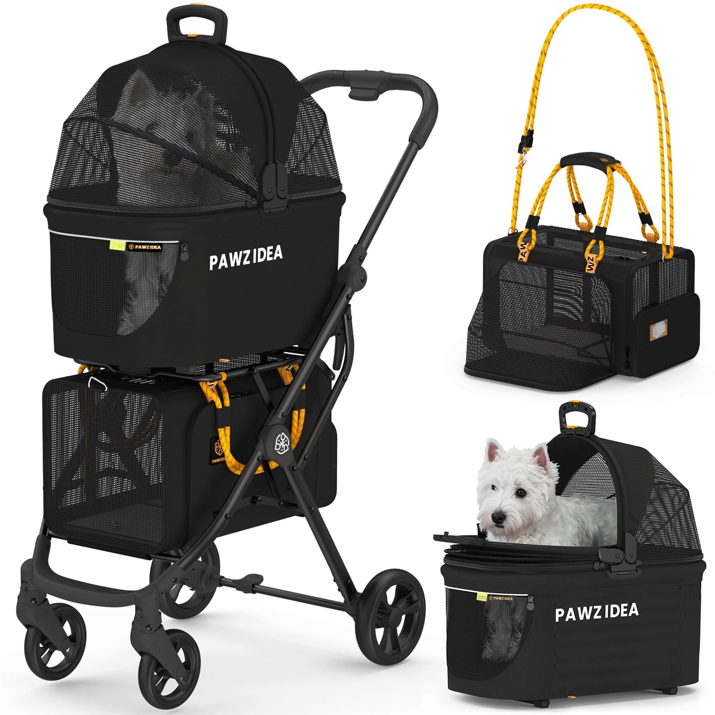 PAWZIDEA Double Pet Stroller with 2 Detachable Carriers, TSA Airline Approved Cat Carrier Expandable, Seatbelt Pet Travel Car Seat, Foldable Dog Cart Jogger Stroller for 2 Cats & Small/Medium Dogs