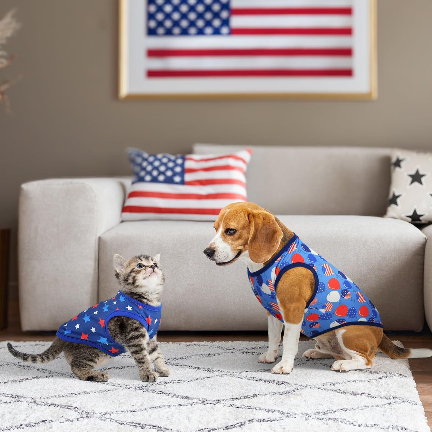 Vehomy 4-Pack Patriotic Dog Tank Tops 4th of July USA Flag Star Stripe Puppy Sleeveless Outfits America 250th Anniversary Pet Shirts for Small Medium Puppy Dogs Cats XS