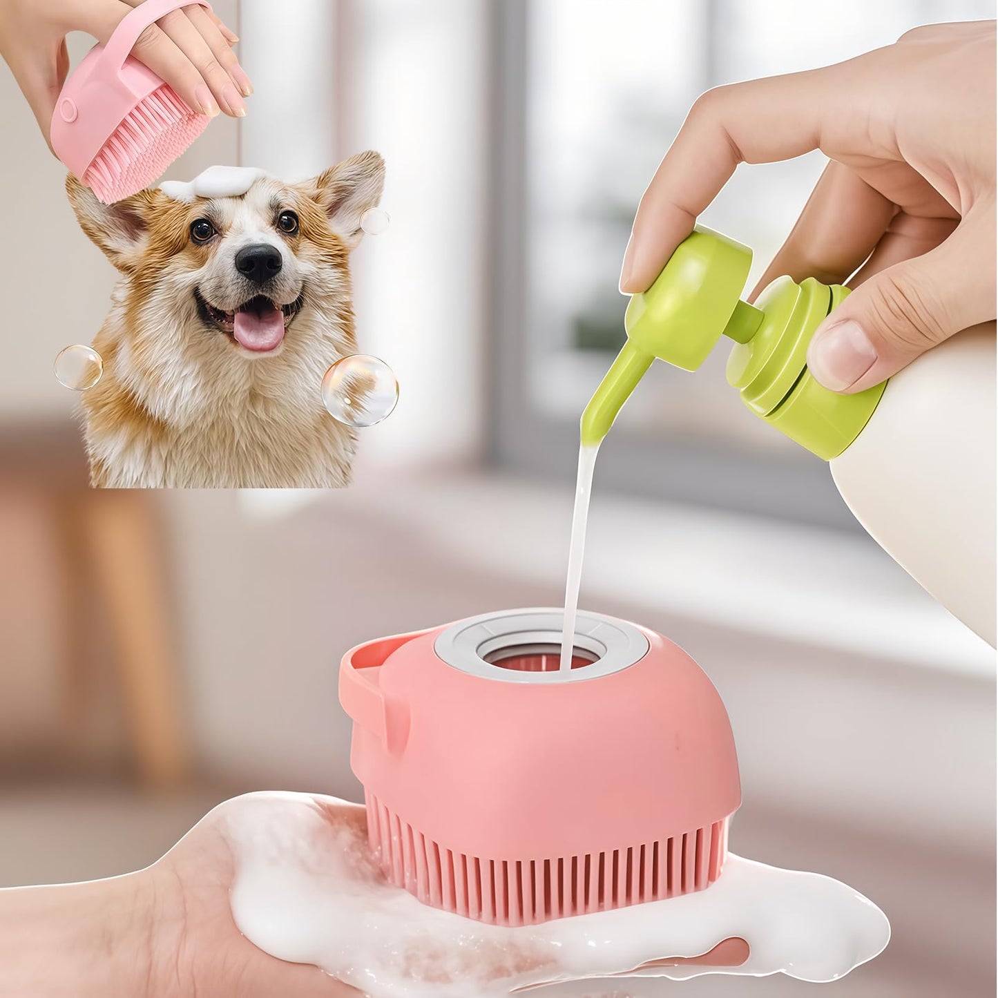 Soft Silicone Pet Brush - Invigorating Massage & Easy Cleaning for Dogs and Cats - Built-In Shower Gel Dispenser for Pampering Grooming Sessions