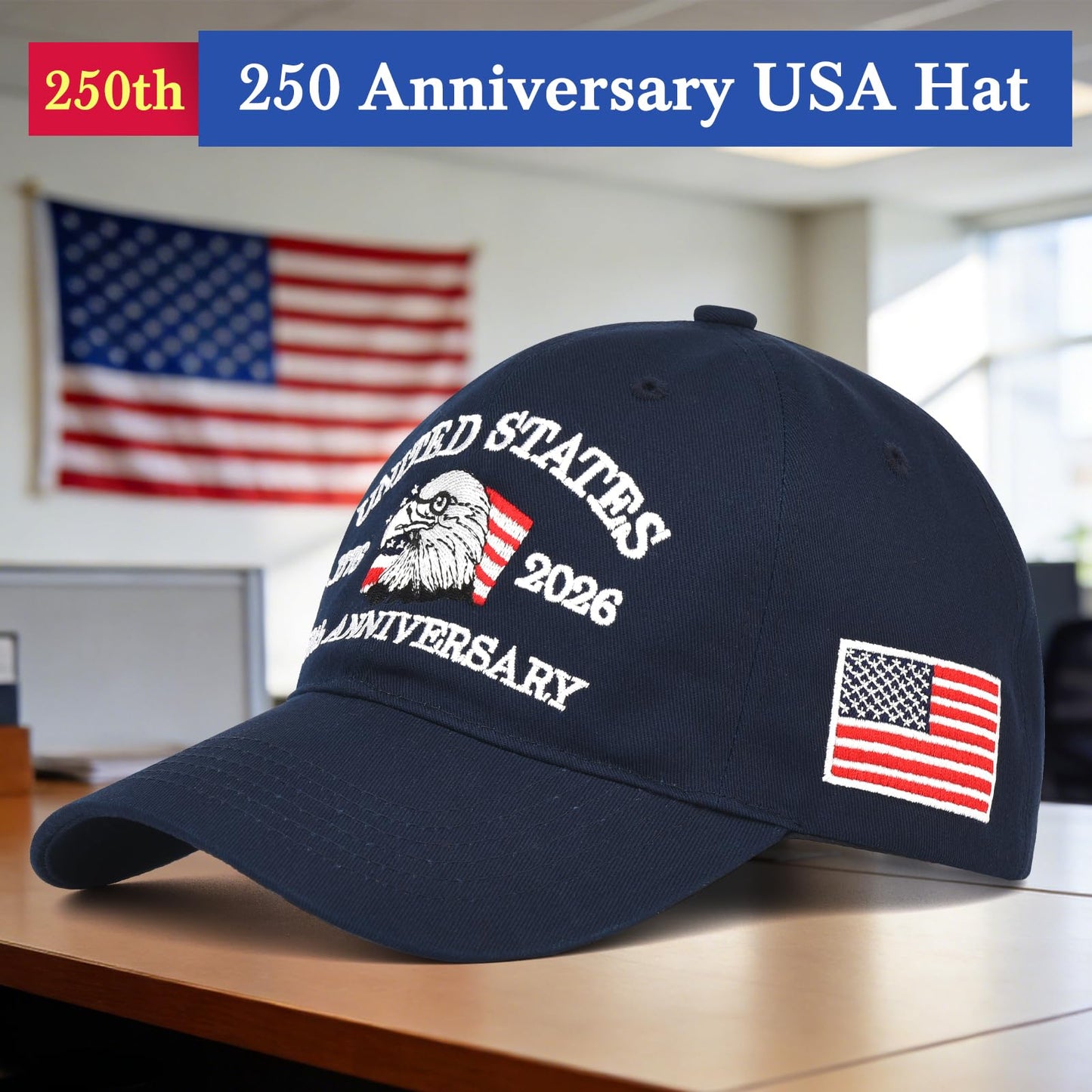 LCZTN 2 Pack 250th Anniversary USA Hat 2026 Patriotic Baseball Cap for Men Women,American 250 Year Anniversary Merchandise (US, Alpha, One Size, Navy Blue ＆ Red)