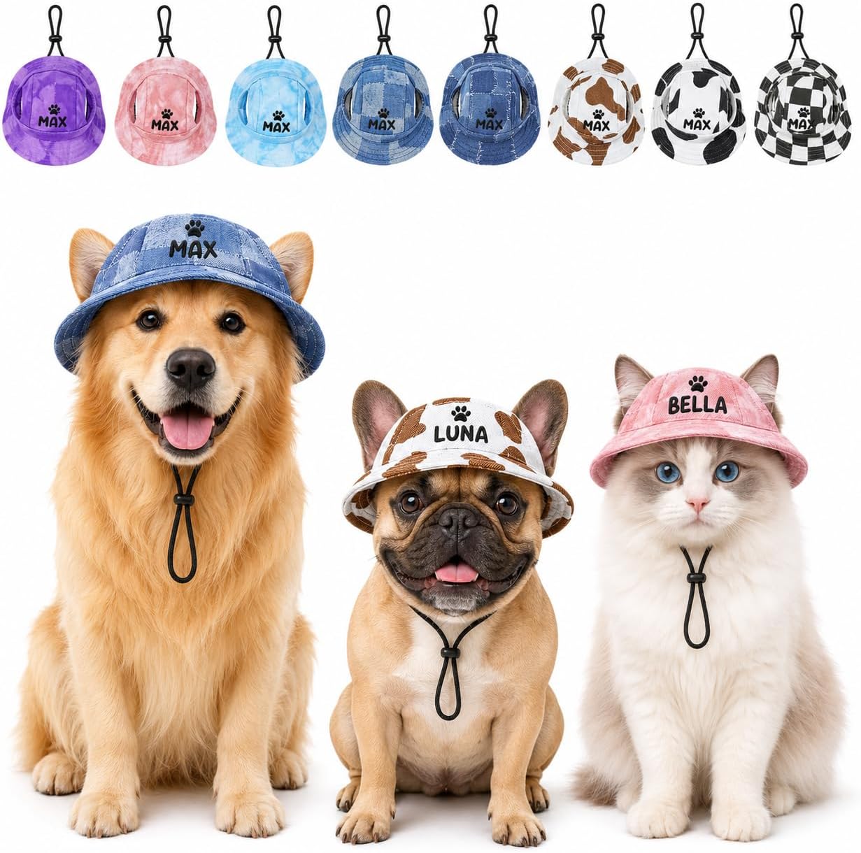 Duckbe Personalized Dog Bucket Hat with Ear Holes Custom Dog Visor with Embroidered Name for Puppy Customized Sun Hats for Small Medium Large Dog & Cat Summer Vacation Gifts for Pet