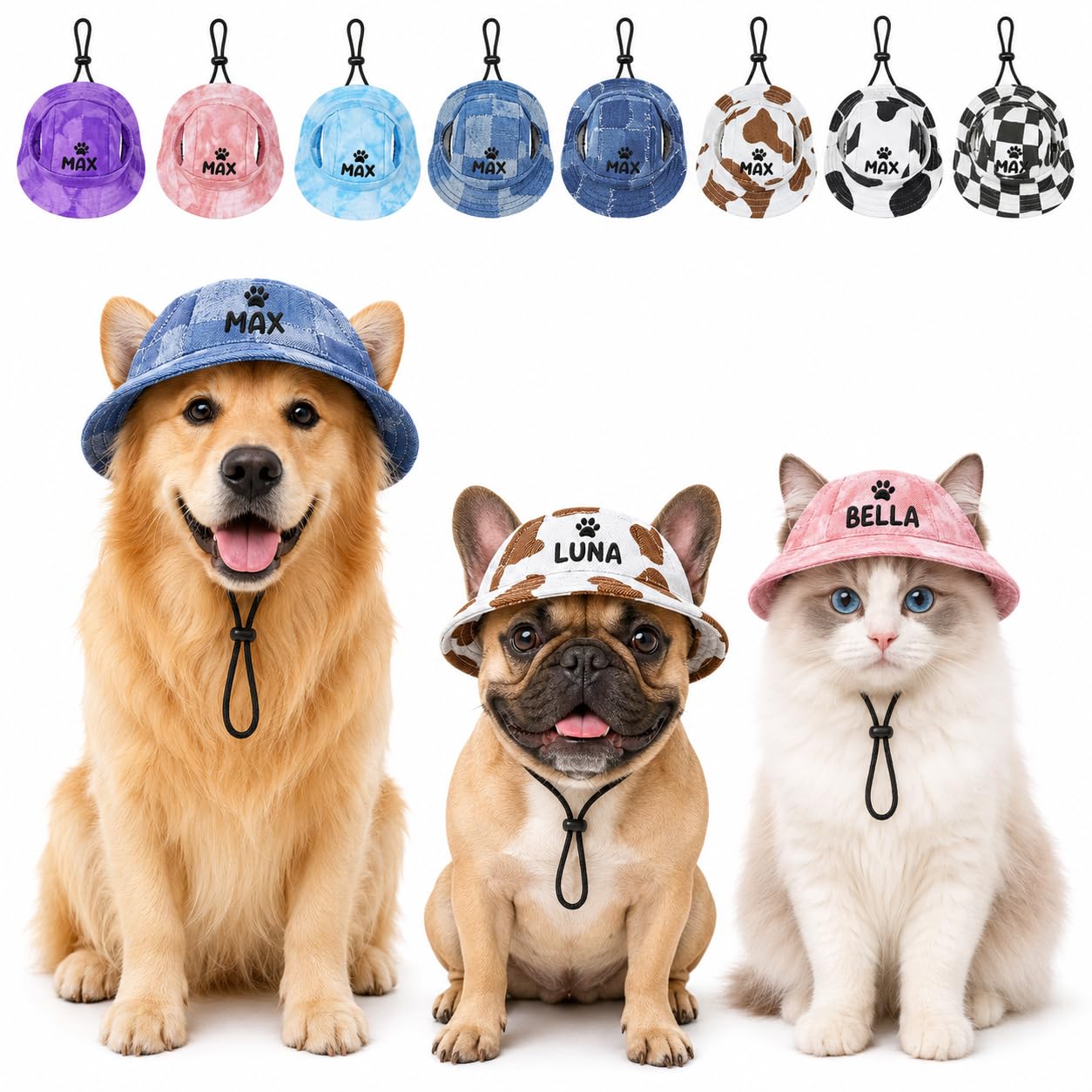 Duckbe Personalized Dog Bucket Hat with Ear Holes Custom Dog Visor with Embroidered Name for Puppy Customized Sun Hats for Small Medium Large Dog & Cat Summer Vacation Gifts for Pet