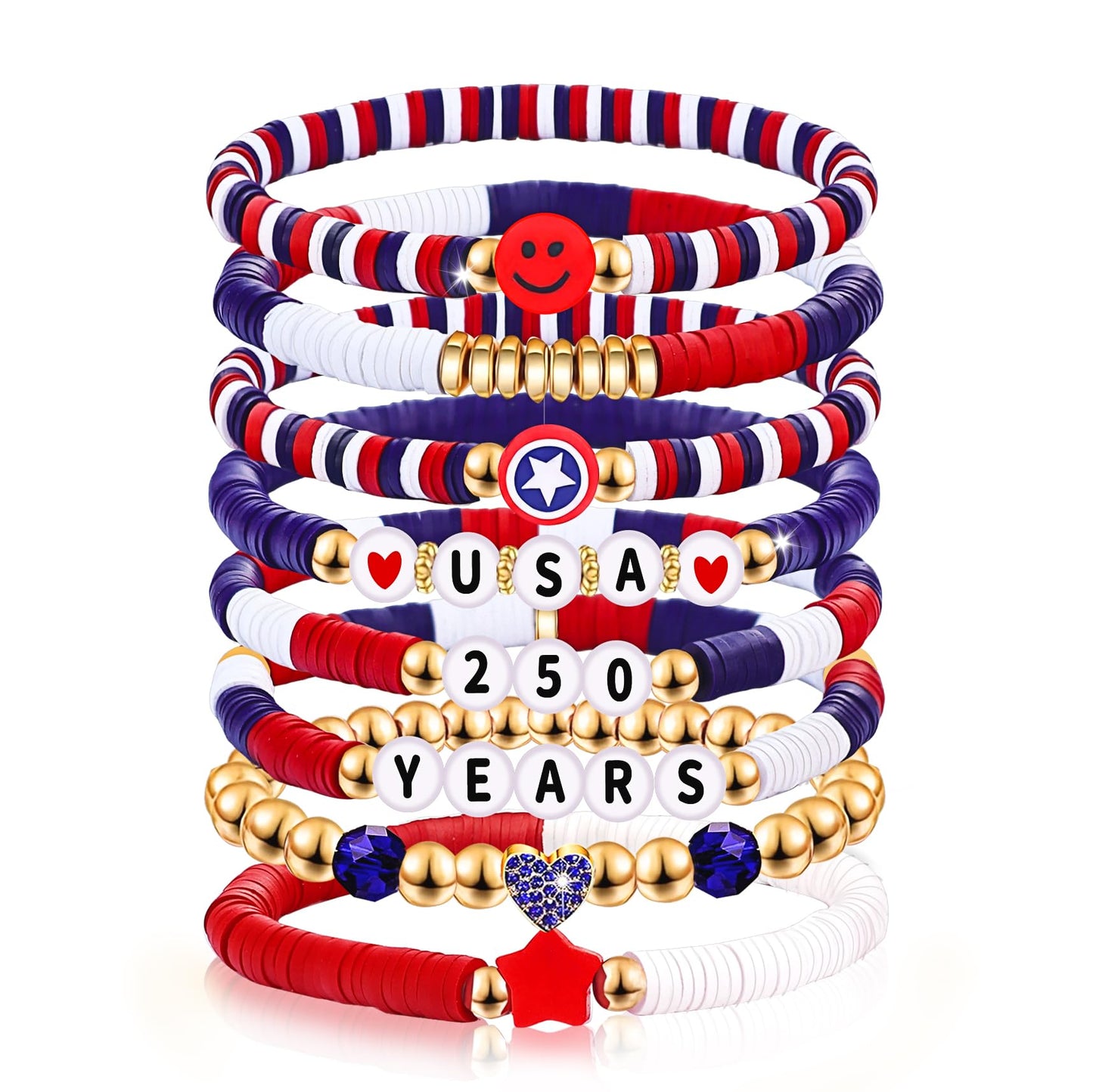 lakayfimily 250 Anniversary USA Merchandise for Women Men Teens Red White Blue Clay Beaded Stretch Bracelets USA Patriotic Jewelry 4th of July Accessories