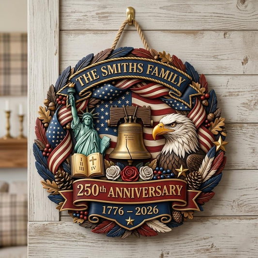 250 Anniversary USA Merchandise, Personalized 250th Anniversary 4th of July Door Sign with Family Name, Door Wreaths for 250 Year of USA 1776-2026, Customized Patriotic Decorations / D01