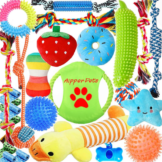 Aipper Dog Puppy Toys 25 Pack,Puppy Chew Toys for Fun and Teeth Cleaning,Dog Squeak Plush Toys, Squeaky Toy Balls, Tug of War Toys, Puppy Teething Toys, Dog Rope Toys Pack for Puppy to Small Dogs