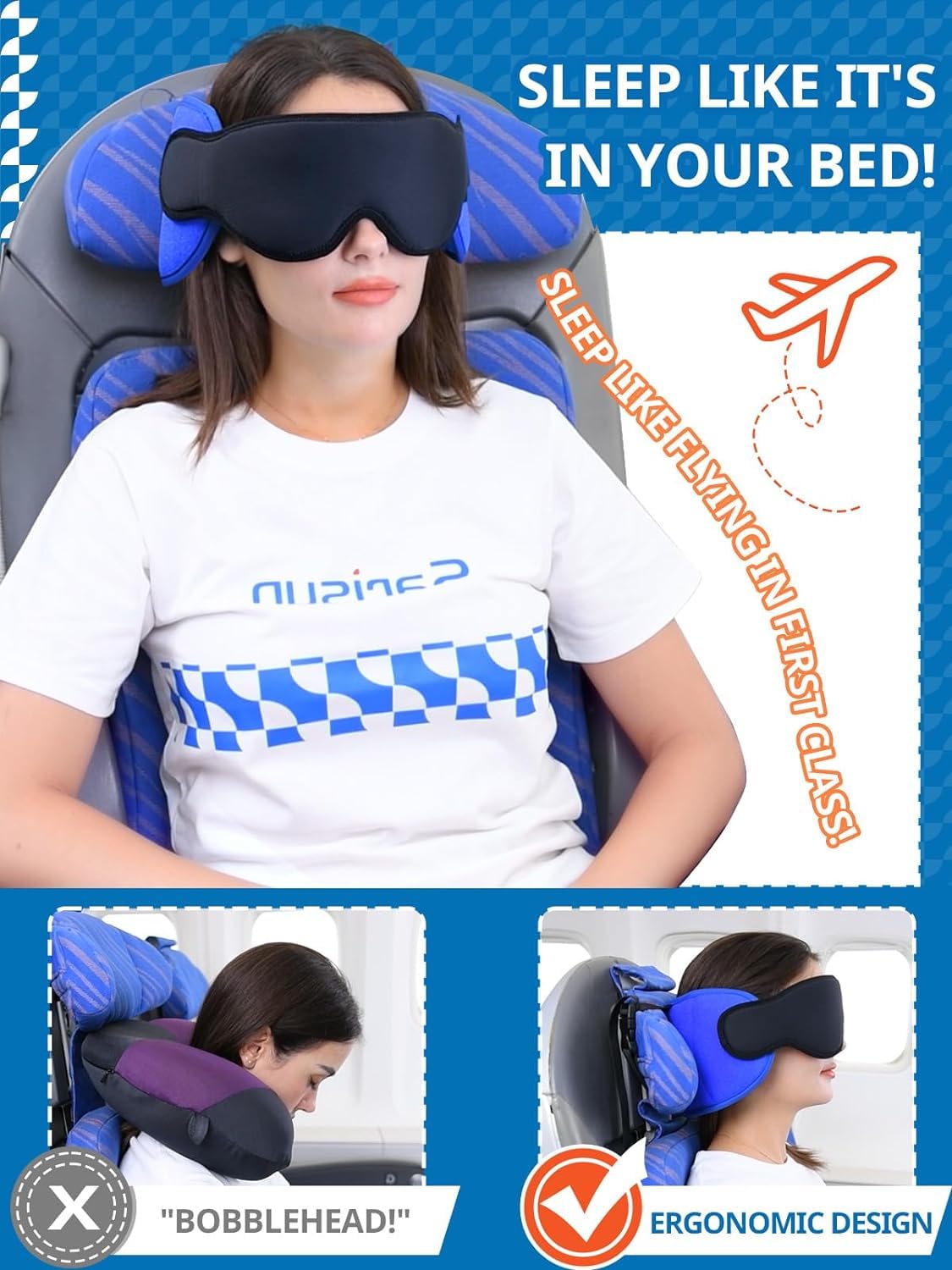 SARISUN Travel Pillow for Airplanes, Airplane Pillow with Eye Mask, Travel Pillows for Long Flight Sleeping, Travel Neck Pillows for Road Trip Car Headrest, Stop Bobble Head Neck Pain, Dark Grey