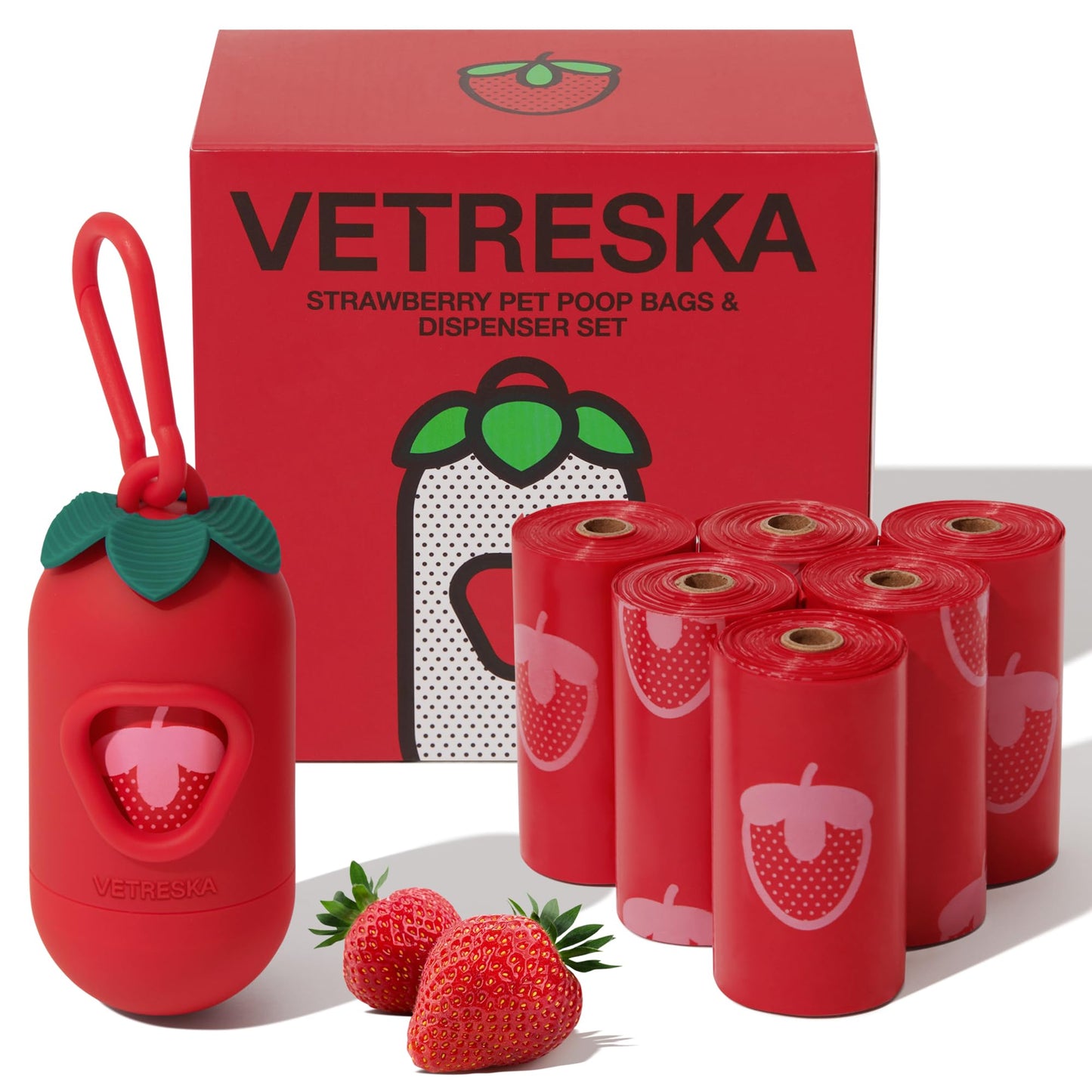 VETRESKA Dog Poop Bag Dispenser with Strawberry Scented Bags, Leak Proof, Extra Thick and Large Pet Waste Bags,1 Count Bag Holder and 105 Bags (7 Refill Rolls) for Walking Dog and Cats Litter, Red