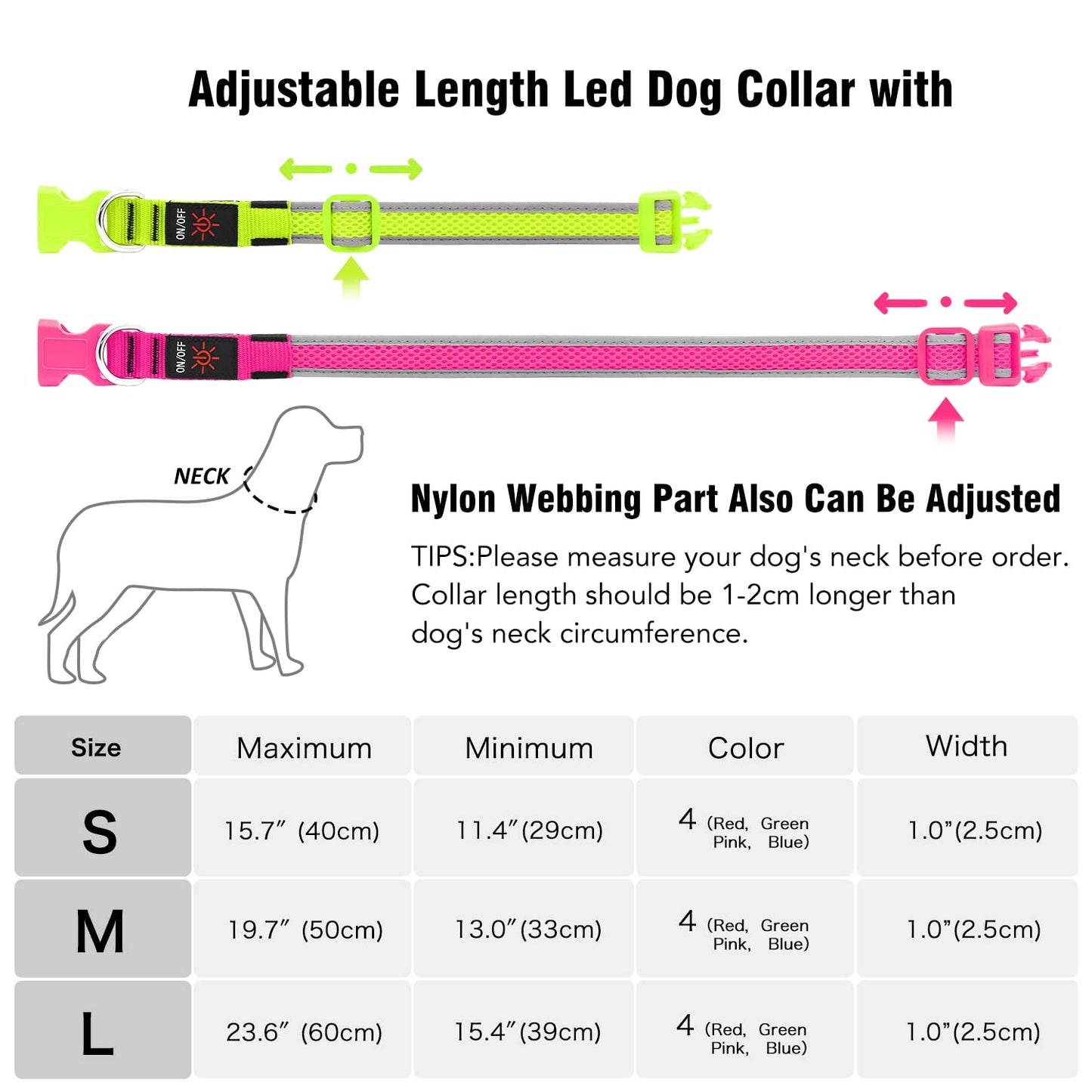 Flashseen LED Dog Collar, USB Rechargeable Light Up Dog Collar Lights, Adjustable Comfortable Soft Mesh Safety Dog Collar for Small, Medium, Large Dogs(Large, Neon Green)