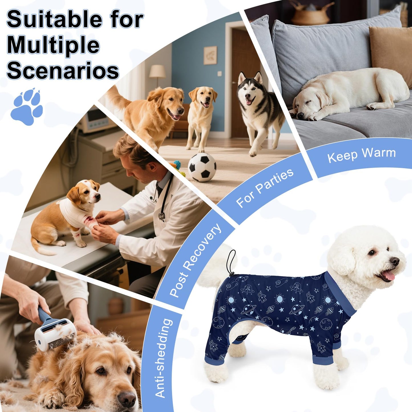Bienbee Dog Pajamas, 4 Pack Dog Recovery Suit Shedding Suit Cute Soft Puppy Clothes Dogs Pjs Onesies Jammies Adjustable Breathable & Stretchy Clothes for Small Medium Large Dogs Girl Boy Puppy-M