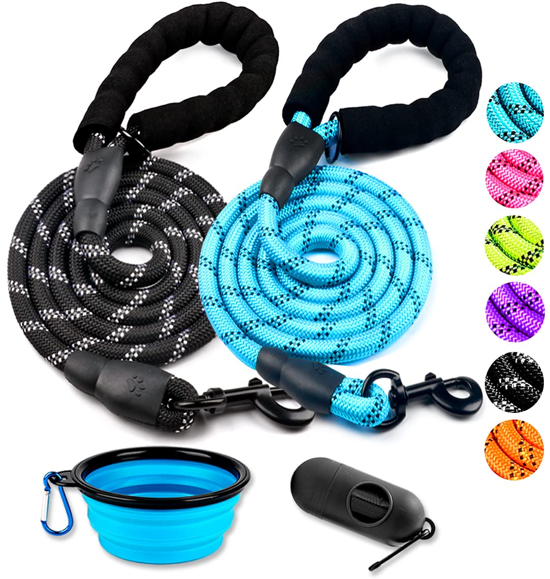 COOYOO 2 Pack Dog Leash 5 FT Heavy Duty - Comfortable Padded Handle - Reflective Dog Leash for Medium Large Dogs with Collapsible Pet Bowl