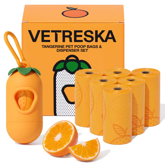 VETRESKA Dog Poop Bags Dispenser with Citrus Scented Waste Bags, Leak Proof, Extra Thick and Large Pet Poop Bags for Walking Dog, Cats Litter and Babies' Diaper 1 Count Holder and 105 Bags, Orange