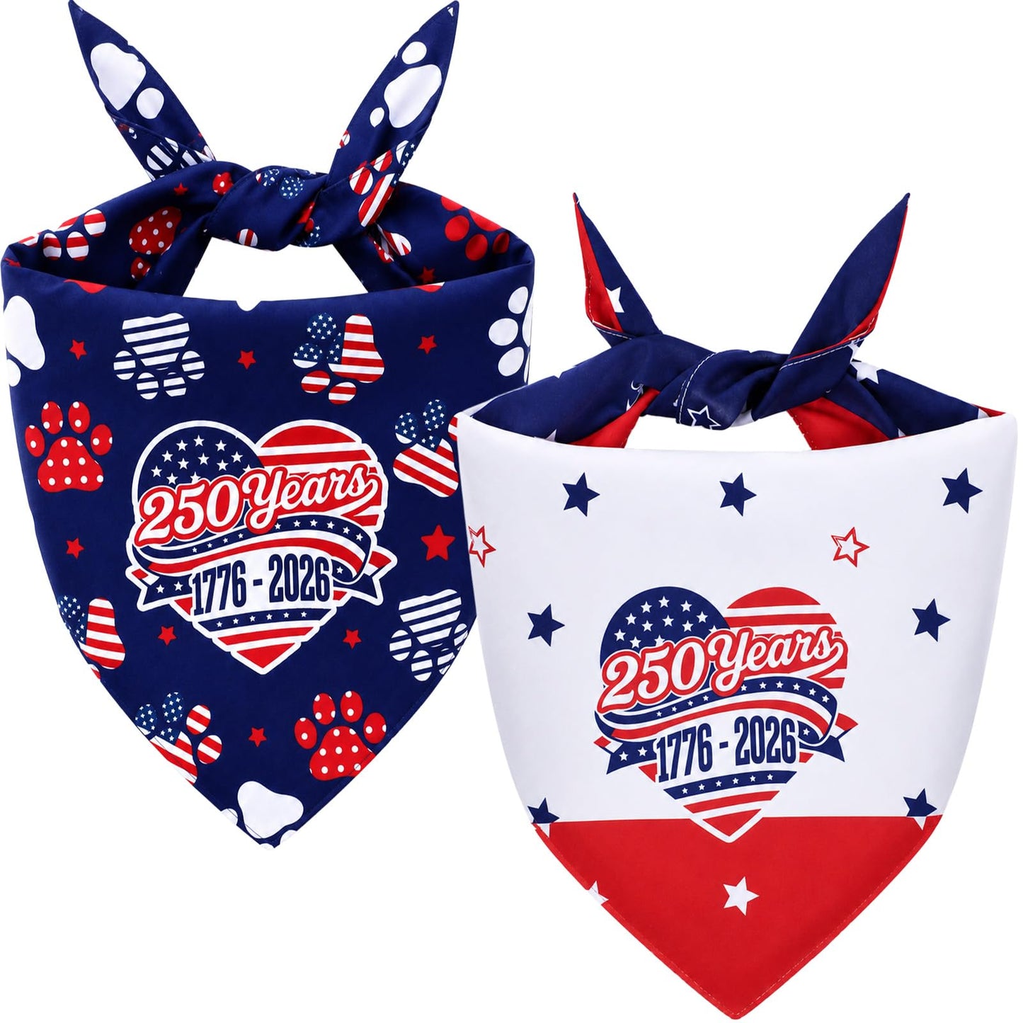 INCOK Star Patriotic Dog Bandanas - 2 Pcs 4th of July Bandanas for Dog, 250th Anniversary Large Pet Scarf with Paw Print for Veterans Memorial Day, Triangle Reversible American Flag Pet Outfit