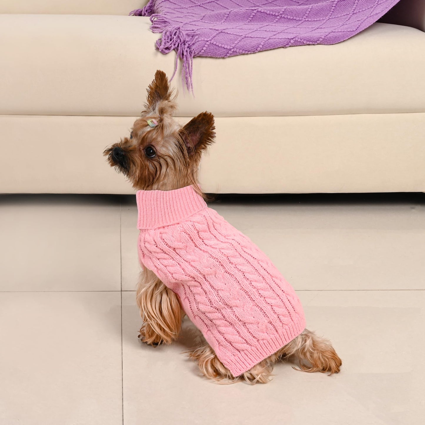 Lorehelina 2 Pack Dog Sweaters for Small Dogs Winter Turtleneck Pullover Cable Knit Fleece Stretch Puppy Doggie Chihuahua Toy Poodle Yorkie Pomeranian Boy Girl Pet Clothes (S, Pink & Purple)