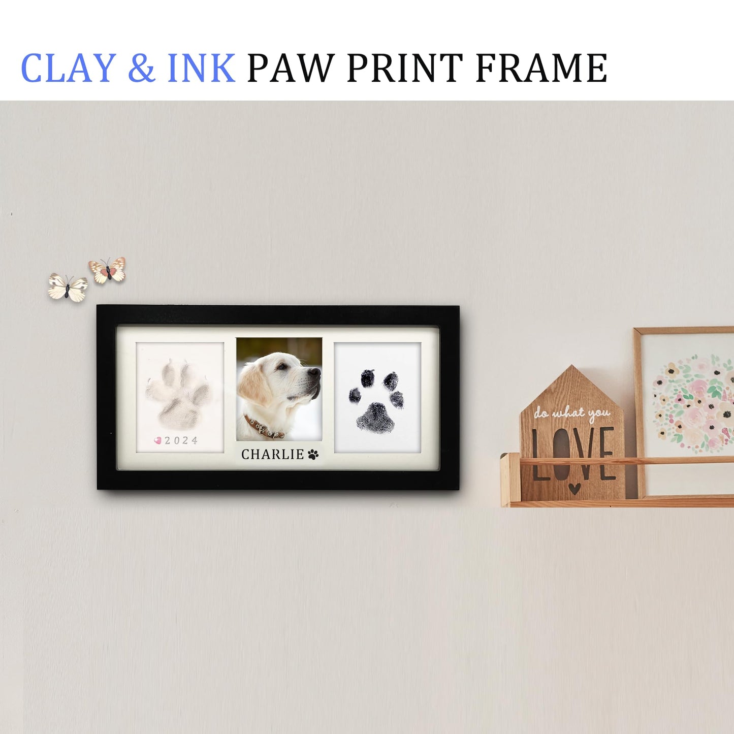 MYPAWLETS Paw Print Frame Kit,Dog/Cat Paw Print Kit,Soft Pawprint Clay&Clean Touch Ink Pad,Pet Paw Print Impression Kit with Customization Tool,Wooden Pet Memorial Frame,DIY Dog Lover Gifts-Black
