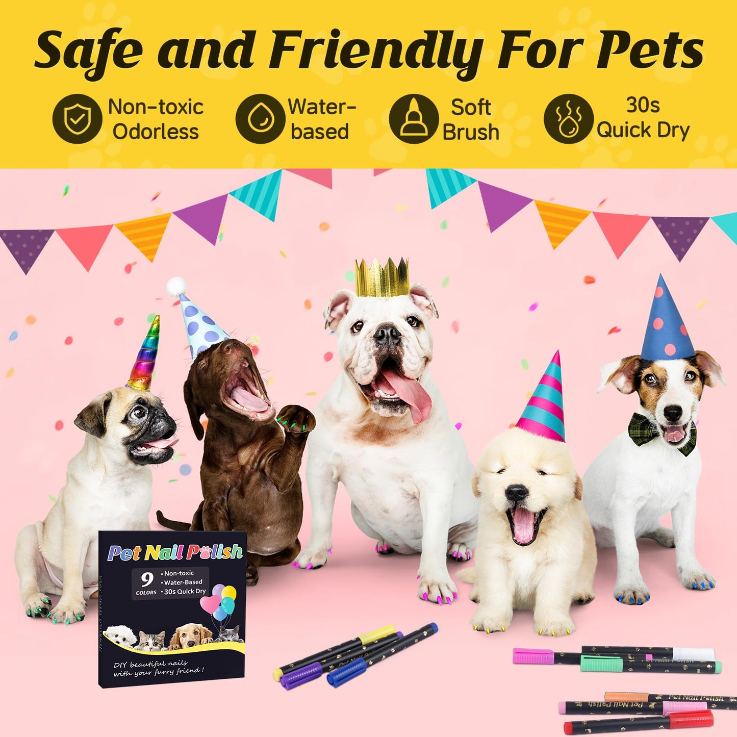 Cherocito Dog Nail Polish Pens Quick Dry,9 Colors Safe Dog Nail Polish Set to DIY Pretty Nails, Ideal Gifts for Dogs Cats Light Dark Nails, Odorless, Non-Toxic, Water-Based Pet Nail Accessories Set