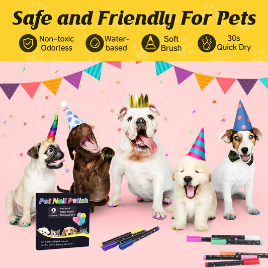 Cherocito Dog Nail Polish Pens Quick Dry,9 Colors Safe Dog Nail Polish Set to DIY Pretty Nails, Ideal Gifts for Dogs Cats Light Dark Nails, Odorless, Non-Toxic, Water-Based Pet Nail Accessories Set