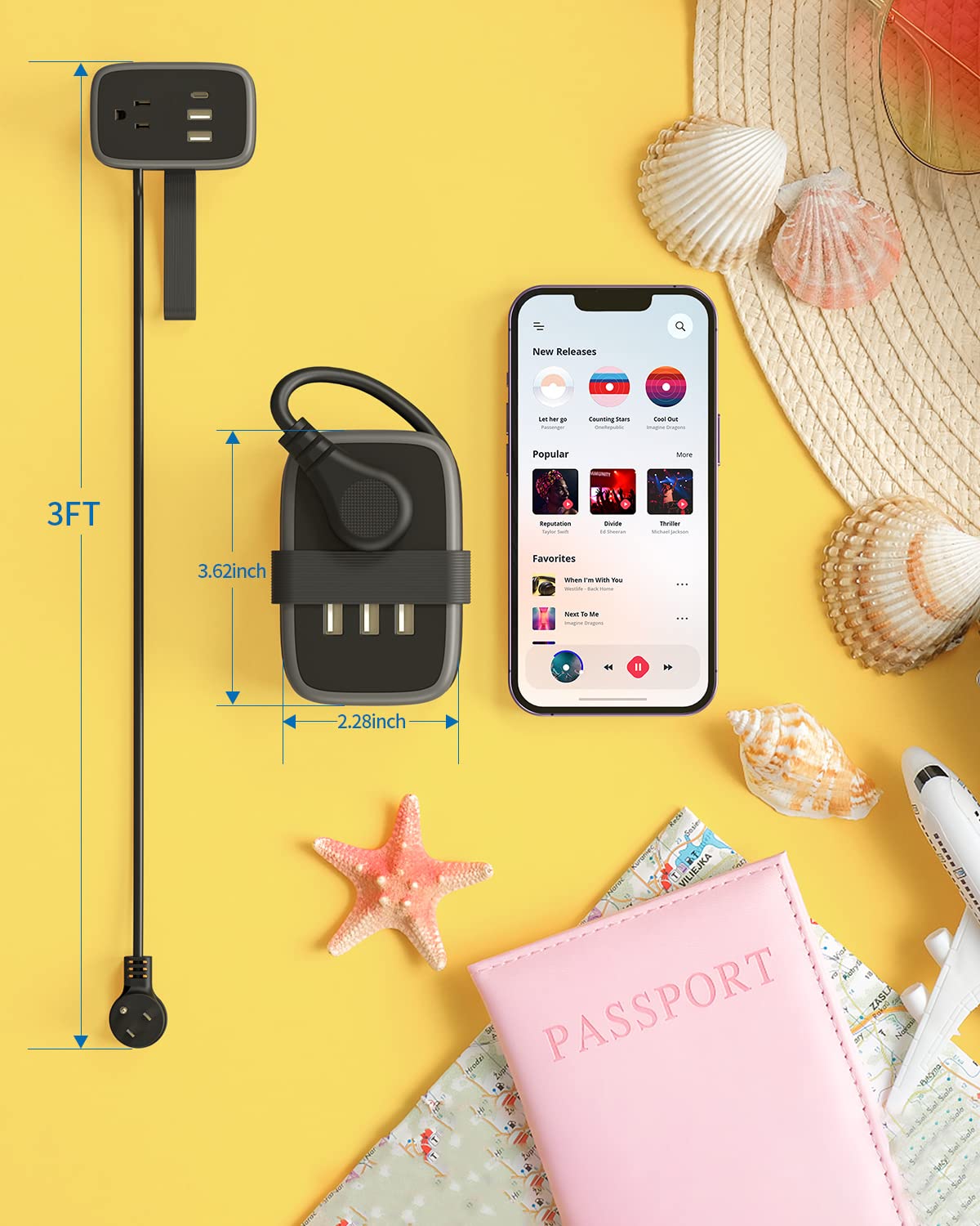 NTONPOWER Travel Power Strip with USB Ports, Portable Small Power Strip with 3FT Wrapped Flat Plug Extension Cord, 2 Outlets 3 USB Ports, Non Surge Protector for Cruise Ship Hotel Black