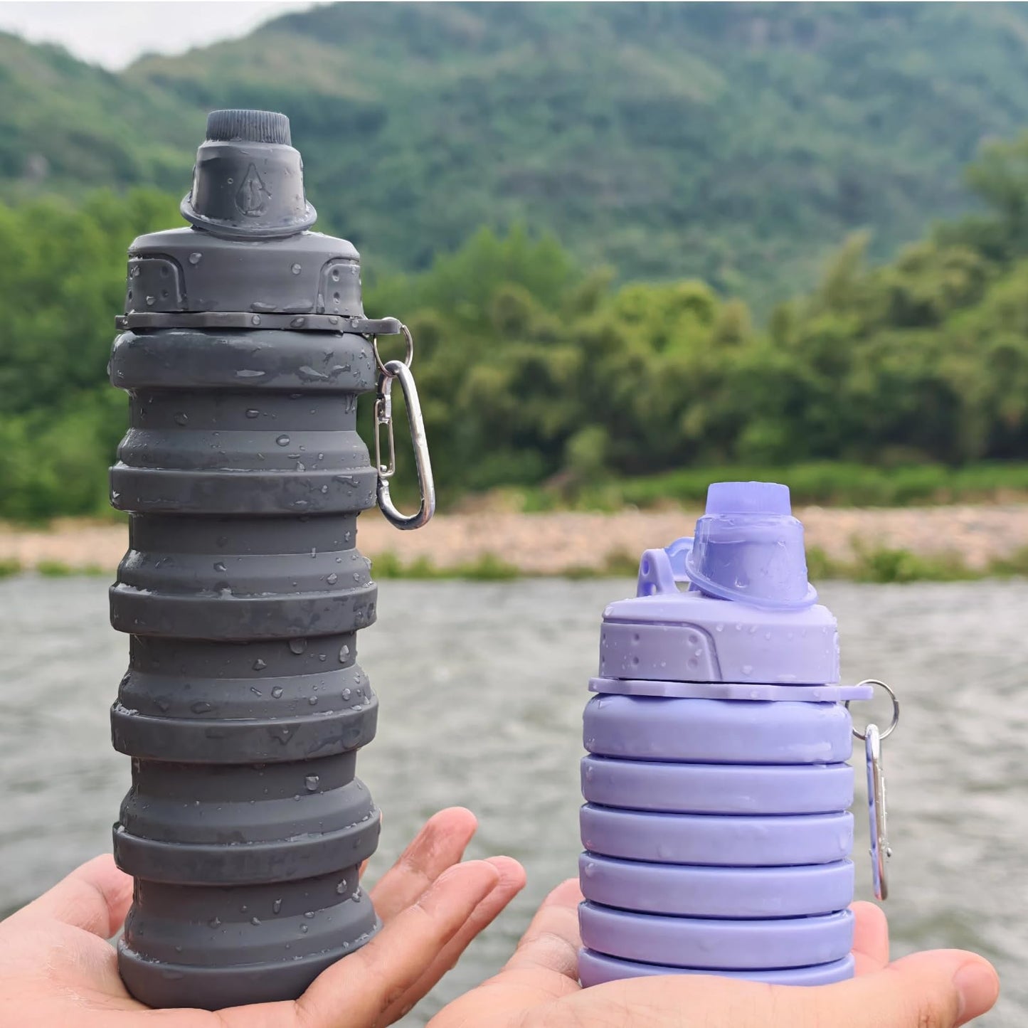 YCTMALL Collapsible Water Bottles Two Pack Travel Sports Portable Sport Water Bottle comes with mountaineering Buckle 500ml silicone Water-proof camping water bottle (Purple and Grey Color)