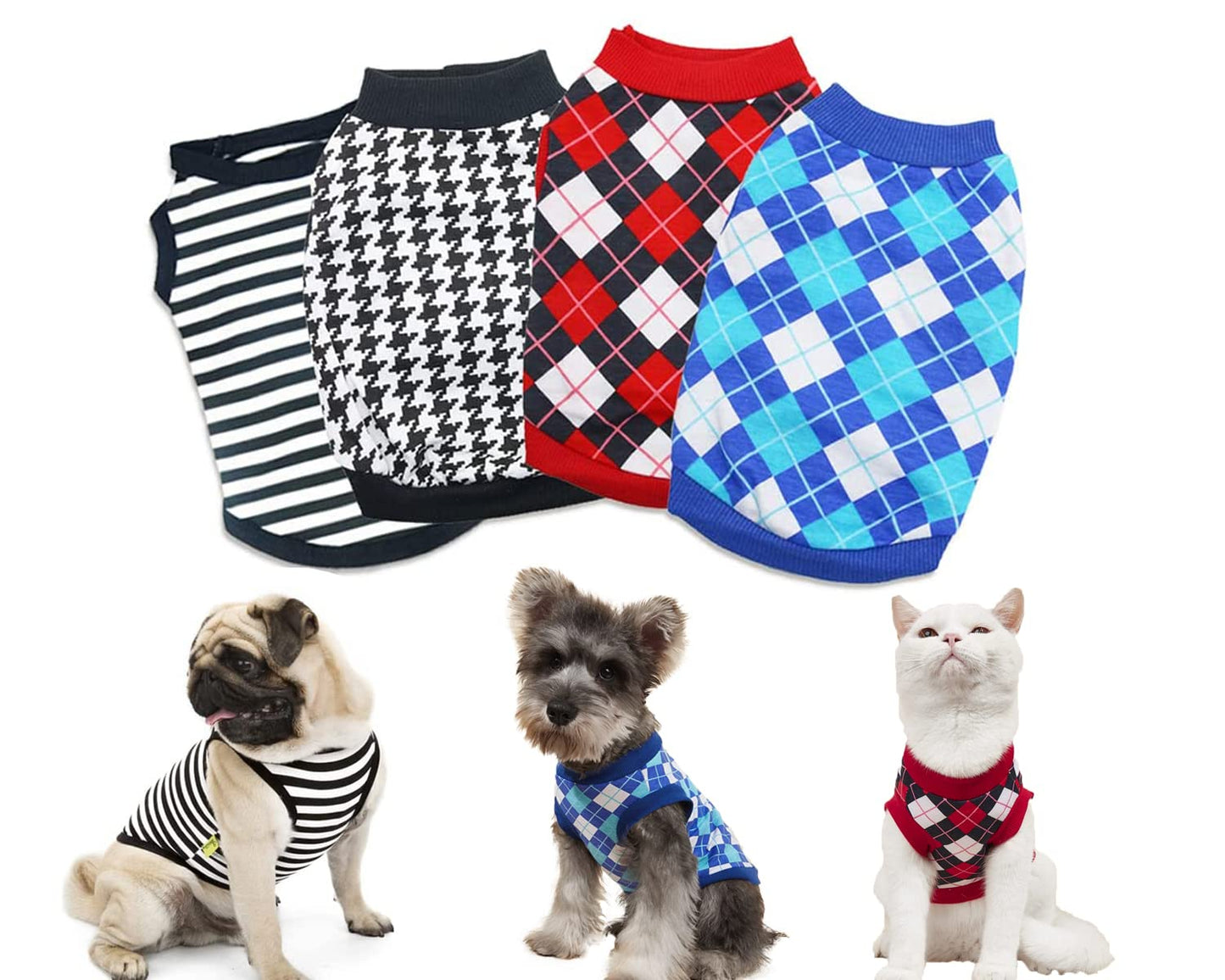 4 Pack Small Dog Tshirts Boy Striped Dogs Clothes Dog Plaid Shirt Clothes for Boys French Bulldog Clothes Puppy T-Shirt for Small Dogs Boys