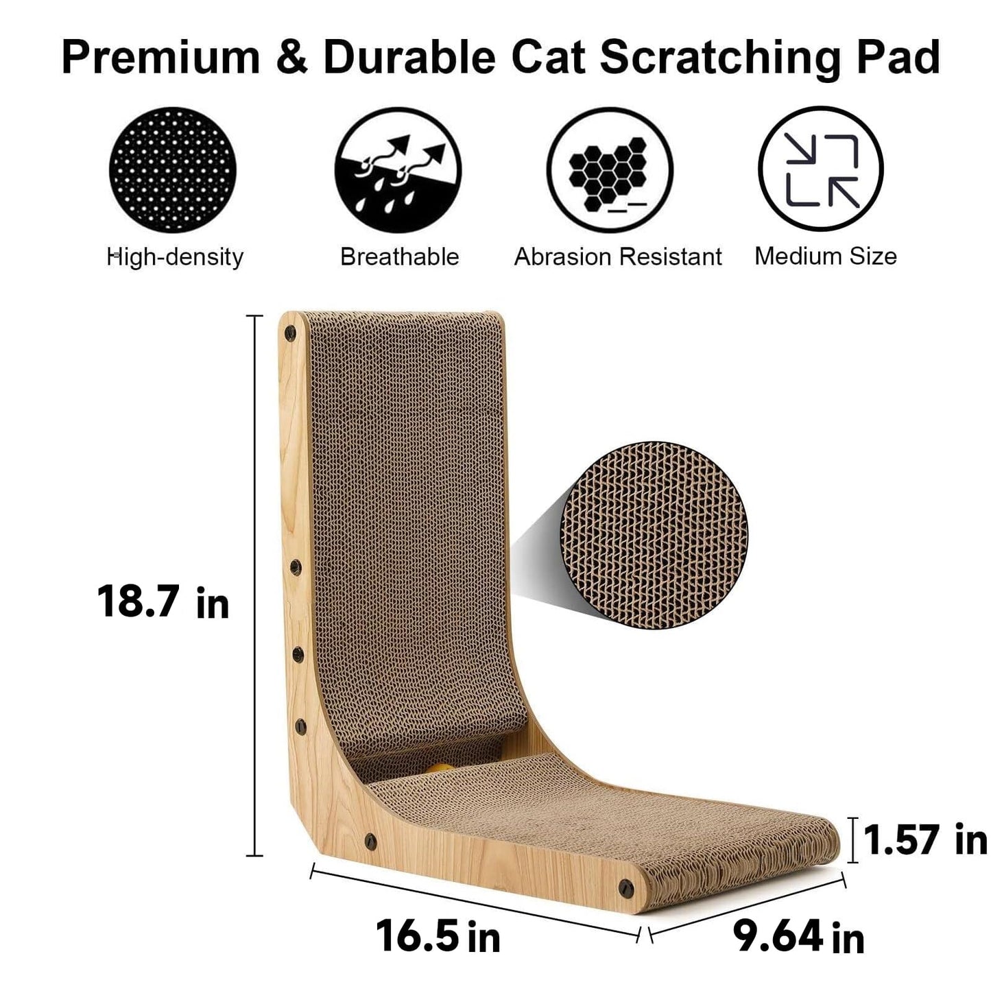 FUKUMARU Cat Scratcher, 18.7 Inch L Shape Cat Scratch Pad Wall Mounted, Cat Scratching Cardboard with Ball Toy for Indoor Cats