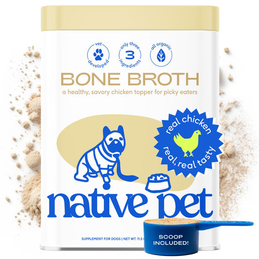 Native Pet Chicken Bone Broth Powder for Dogs & Cats, 11.5 oz - Pet Gravy Food Topper for Picky Eaters – Cat & Dog Bone Broth Powder - Protein Rich Pet Food Supplement & Collagen Source