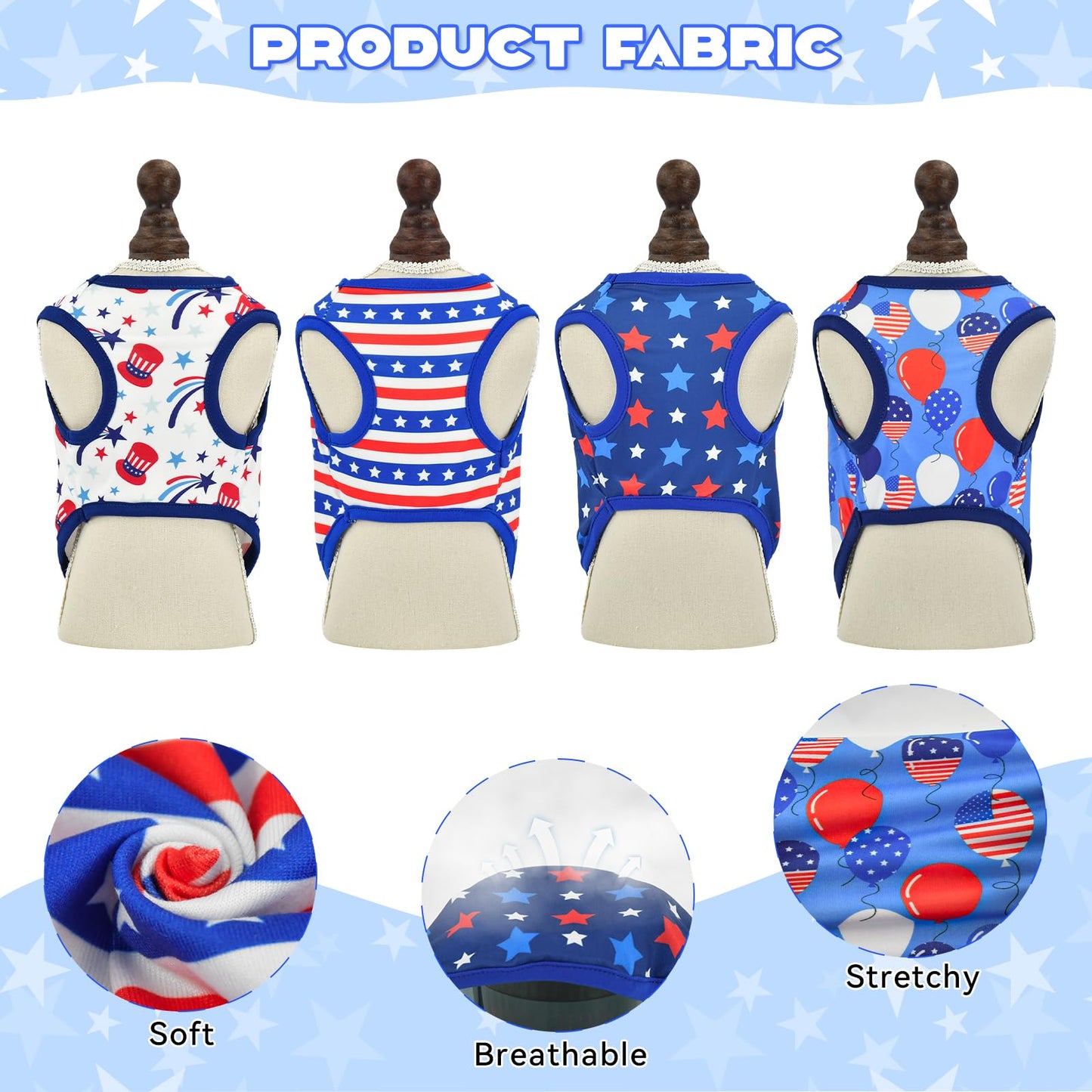 Vehomy 4-Pack Patriotic Dog Tank Tops 4th of July USA Flag Star Stripe Puppy Sleeveless Outfits America 250th Anniversary Pet Shirts for Small Medium Puppy Dogs Cats XS