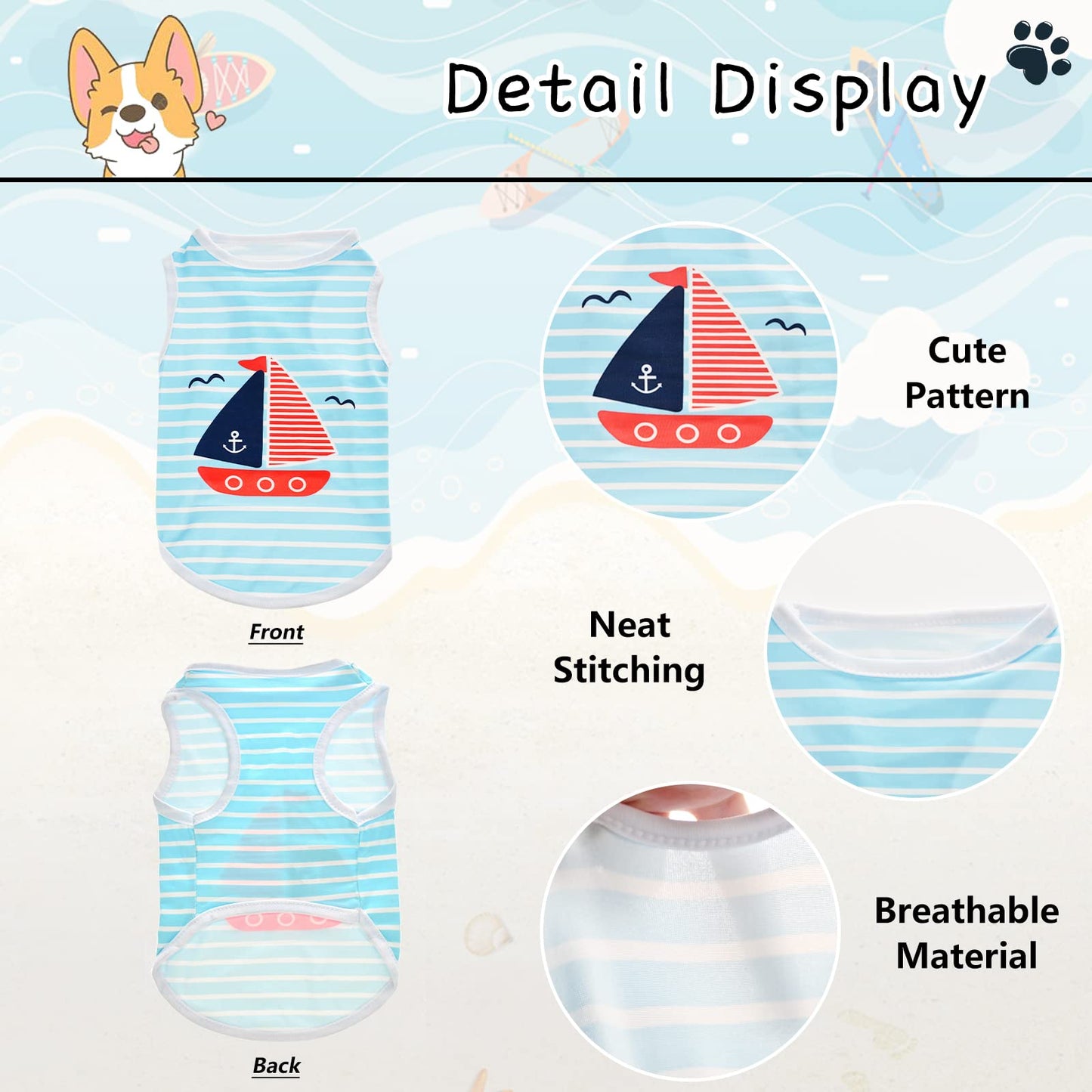 CooShou 4Pcs Dog & Cat Shirts - Polka Dot & Stripe Sleeveless T-Shirts, Soft Breathable Pet Vests for Small to Medium Dogs & Cats