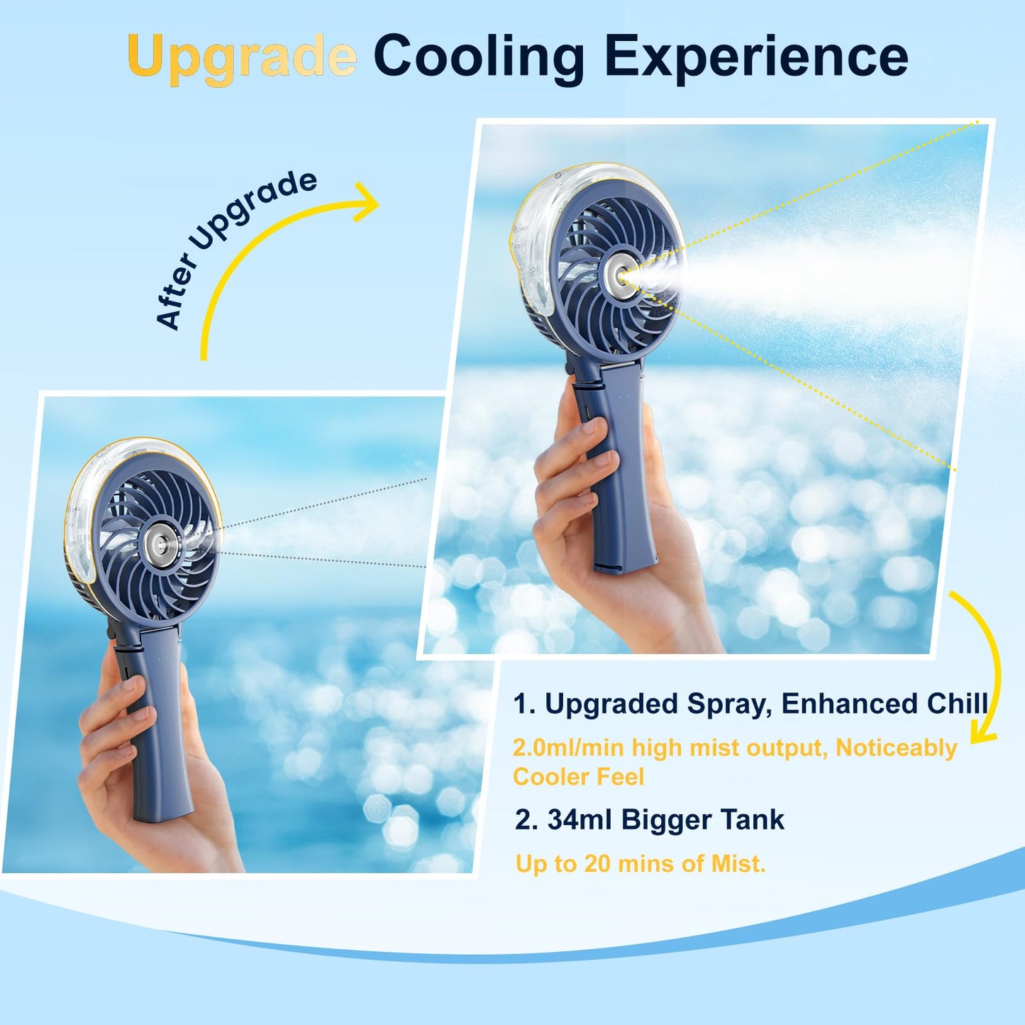 HandFan Upgraded Portable Handheld Misting Fan, Rechargeable Personal Mister Fan, Spray Water Mist Fans, Mini Cooling Hand Fans for Summer Beach Travel Concerts, Gifts for Women(Royal Blue)