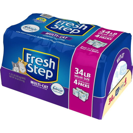 Fresh Step Multi-Cat with Febreze Freshness, Clumping Cat Litter, Scented, 34 Pounds, Resealable 4 Packs