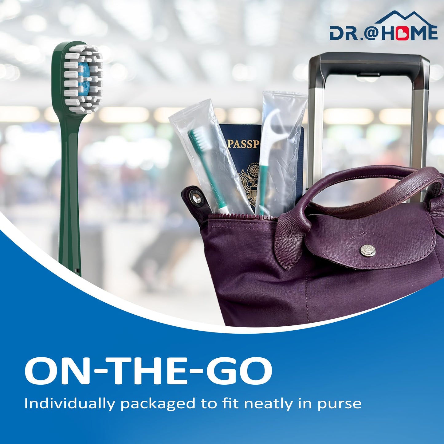 dr.@home Disposable Travel Toothbrush on the go, Oral Care Set, Prepasted Mini Toothbrush 5 in 1 (Mint Paste+ Soft Bristles+Flosser+Pick+Tongue Scraper) | Individually Wrapped 24 Count - 1 Pack