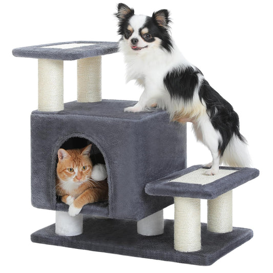 UYMI Dog Stairs & Cat Scratching Post with a Condo, Pet Steps for High Beds, Sofa, Couch, High-Strength Boards Holds up to 150 lbs for Indoor Small Cats Kittens Dogs Climbing Playing, Dark Grey