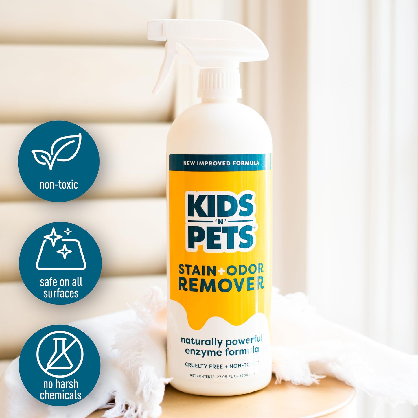 KIDS 'N' PETS - Instant All-Purpose Stain & Odor Remover – 27.05 fl oz - Permanently Eliminates Tough Stains & Odors – Even Urine Odors - No Harsh Chemicals, Non-Toxic & Child Safe, Multi-Color