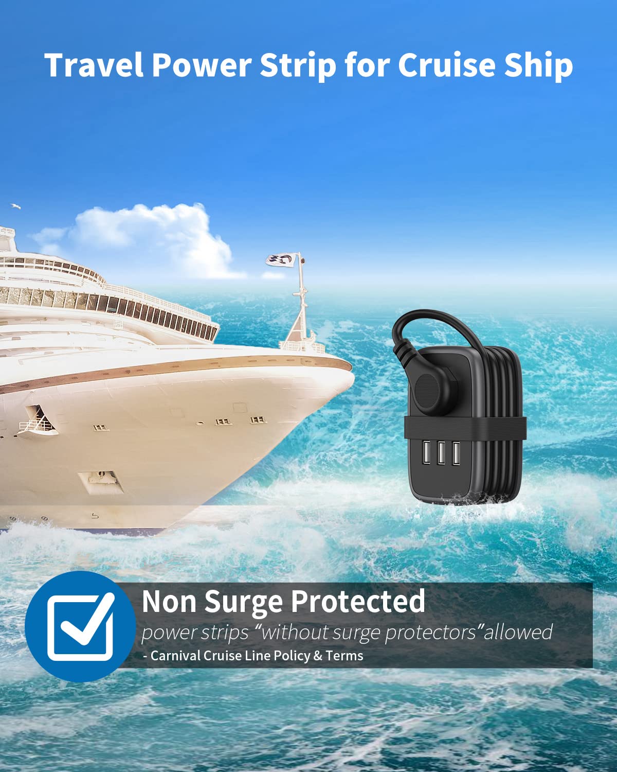 NTONPOWER Travel Power Strip with USB Ports, Portable Small Power Strip with 3FT Wrapped Flat Plug Extension Cord, 2 Outlets 3 USB Ports, Non Surge Protector for Cruise Ship Hotel Black