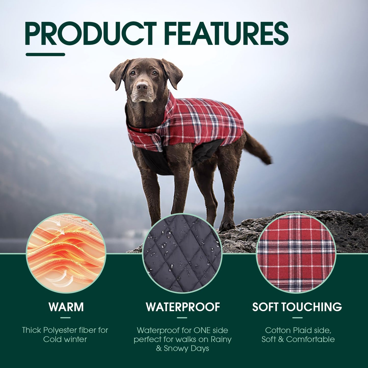 Kuoser Warm Dog Coat, Reversible Jacket Waterproof Winter Coat British Style Plaid Clothes Pet Cold Weather Coats Cozy Snow Vest for Small Medium Large Dogs Red S