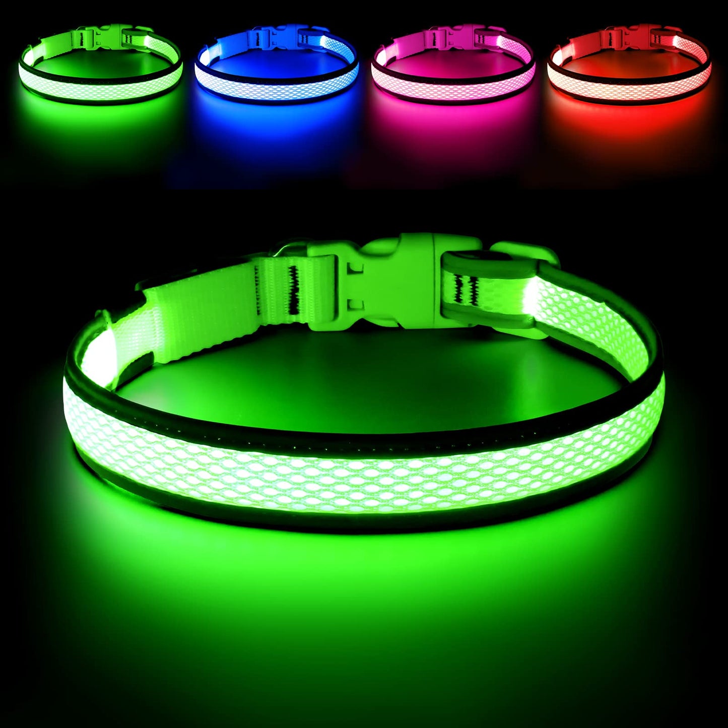 Flashseen LED Dog Collar, USB Rechargeable Light Up Dog Collar Lights, Adjustable Comfortable Soft Mesh Safety Dog Collar for Small, Medium, Large Dogs(Large, Neon Green)