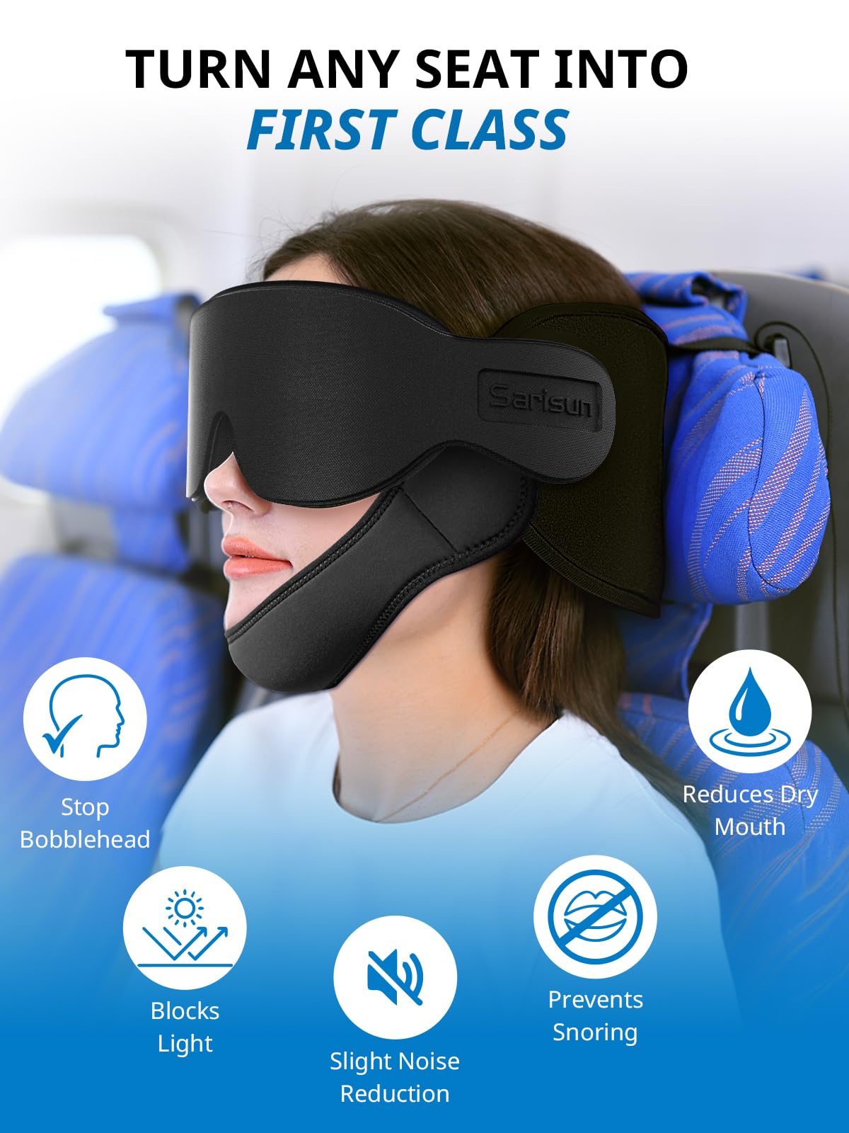 SARISUN Airplane Pillow Combo with Chin Strap, Travel Pillows for Airplanes with Sleep Eye Mask, Plane Pillow for Long Flights, Car Road Trip, 360° Headrest, Stop Bobblehead, Black