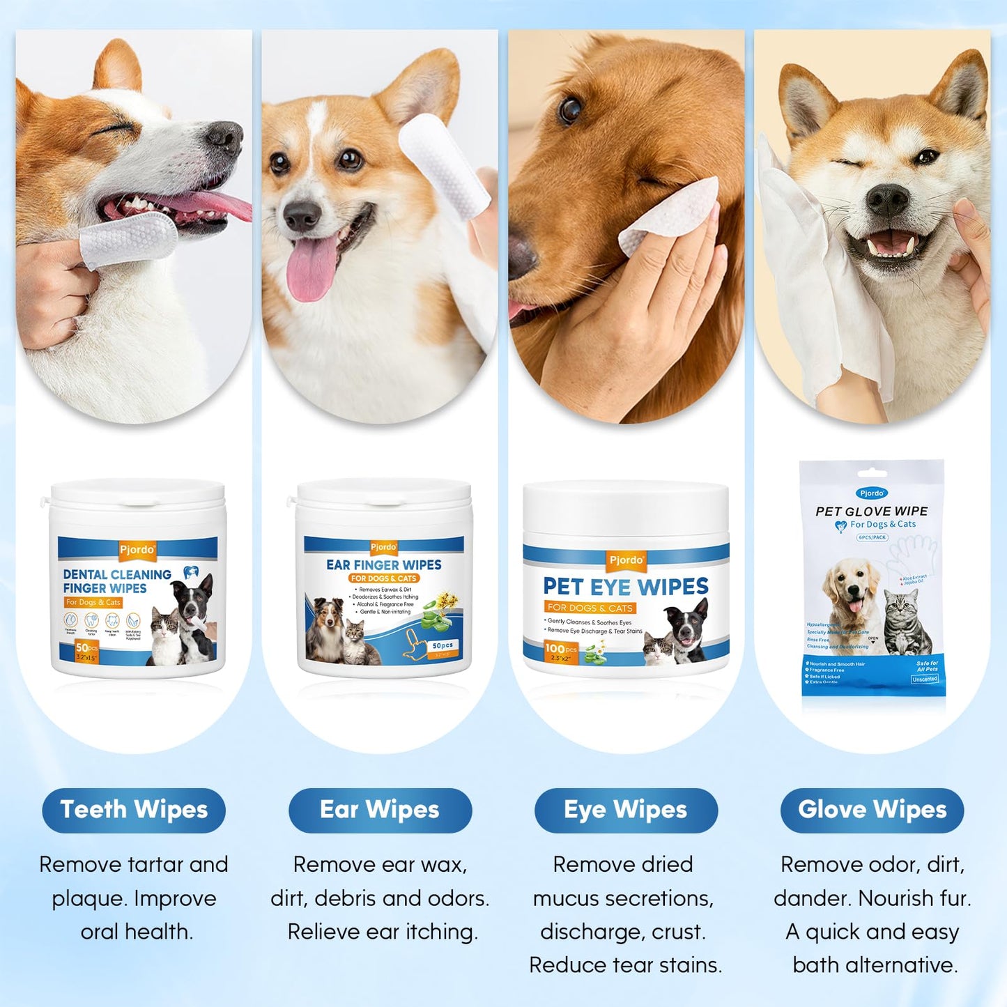 Pjordo Dog Wipes Cleaning Deodorizing, Grooming Wipes & Paw Cleaner, Pet Cleaning Kit for Teeth, Ears, Eyes, Paw, Body, Ear Rinse, Essential Dog Supplies Set