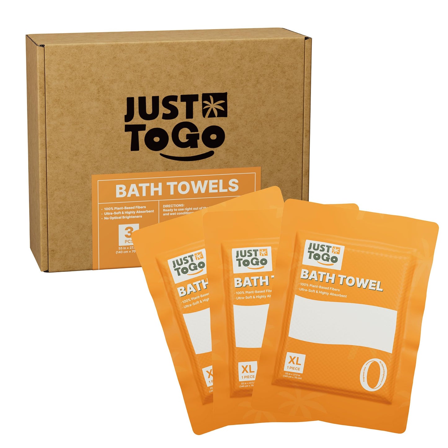Just To Go Disposable Compressed Bath Towels 3 Pack, Large 55 x 27.5 in, Ultra Soft Thick Absorbent Non-Woven Towels, Individually Wrapped for Camping, Gym, Hiking,Travel Essentials