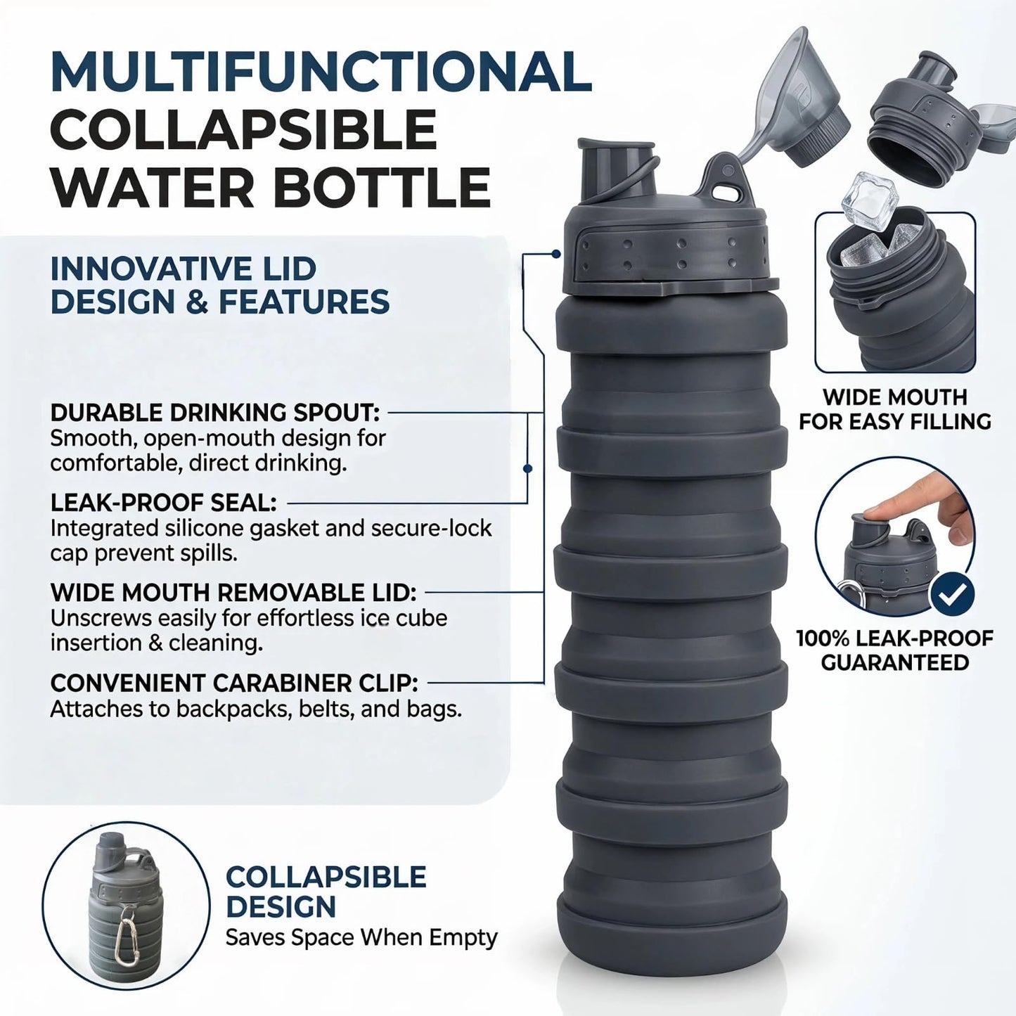 YCTMALL Collapsible Water Bottles Two Pack Travel Sports Portable Sport Water Bottle comes with mountaineering Buckle 500ml silicone Water-proof camping water bottle (Purple and Grey Color)