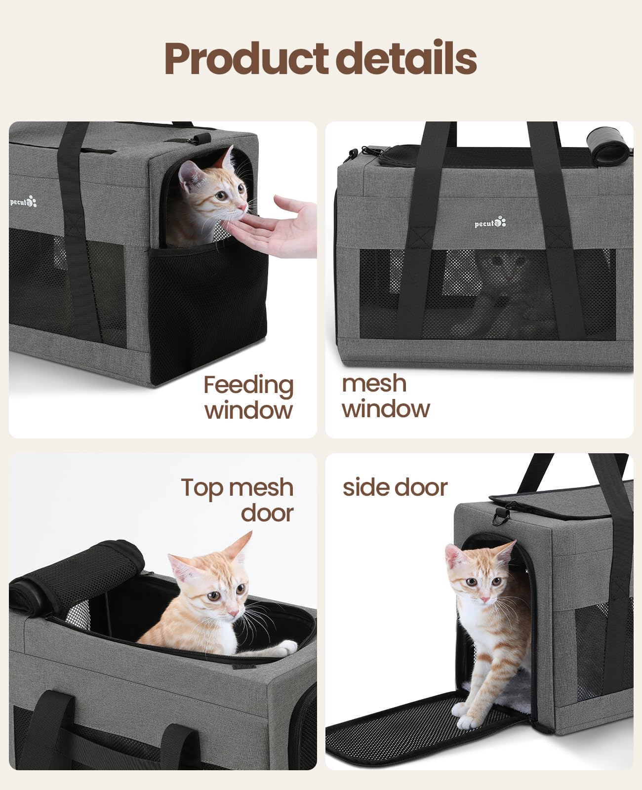 Pecute Cat Carrier, Pet Carrier Airline Approved, Portable Dog Carrier with Stable Structure, Breathable Mesh Fabric Bag for Pets, Gray Pet Carrier Suitable for Both Long and Short Trips