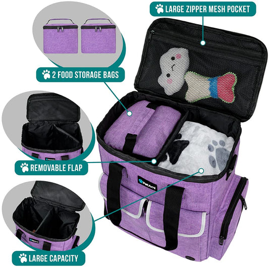 PetAmi Dog Travel Bag Pet Supplies Accessories Organizer for Traveling, Camping, Weekend; Cat Pet Travel Bag Kit Includes 2 Food Storage Containers, 2 Collapsible Bowls, 1 Feeding Mat (Purple)