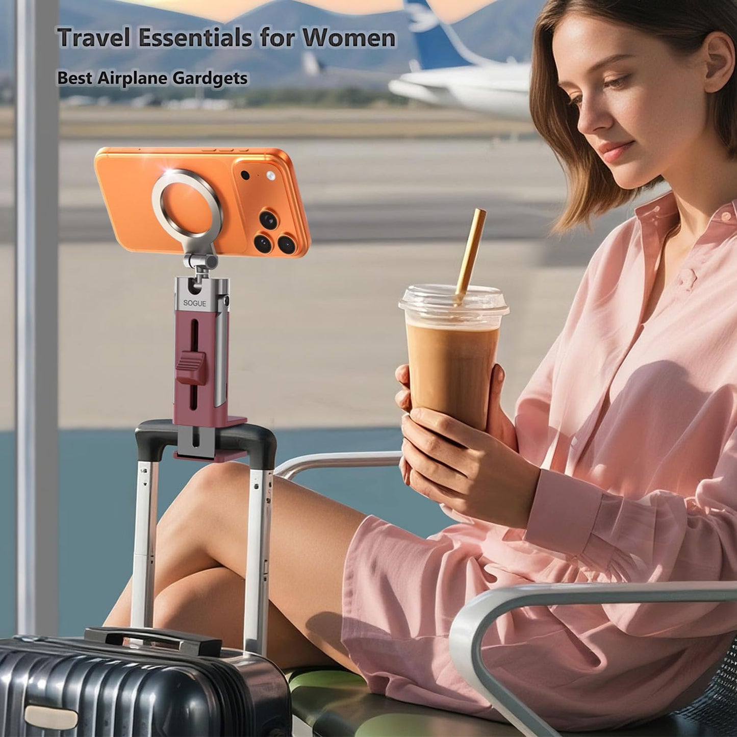 for MagSafe Airplane Phone Holder Mount Travel Essentials for Plane,N55*40 Pro Magnetic Phone Stand for Desk,360° Swivel Airplane Gadgets Cruise Must Haves Mother's Day Travel Gifts for Women Men Red