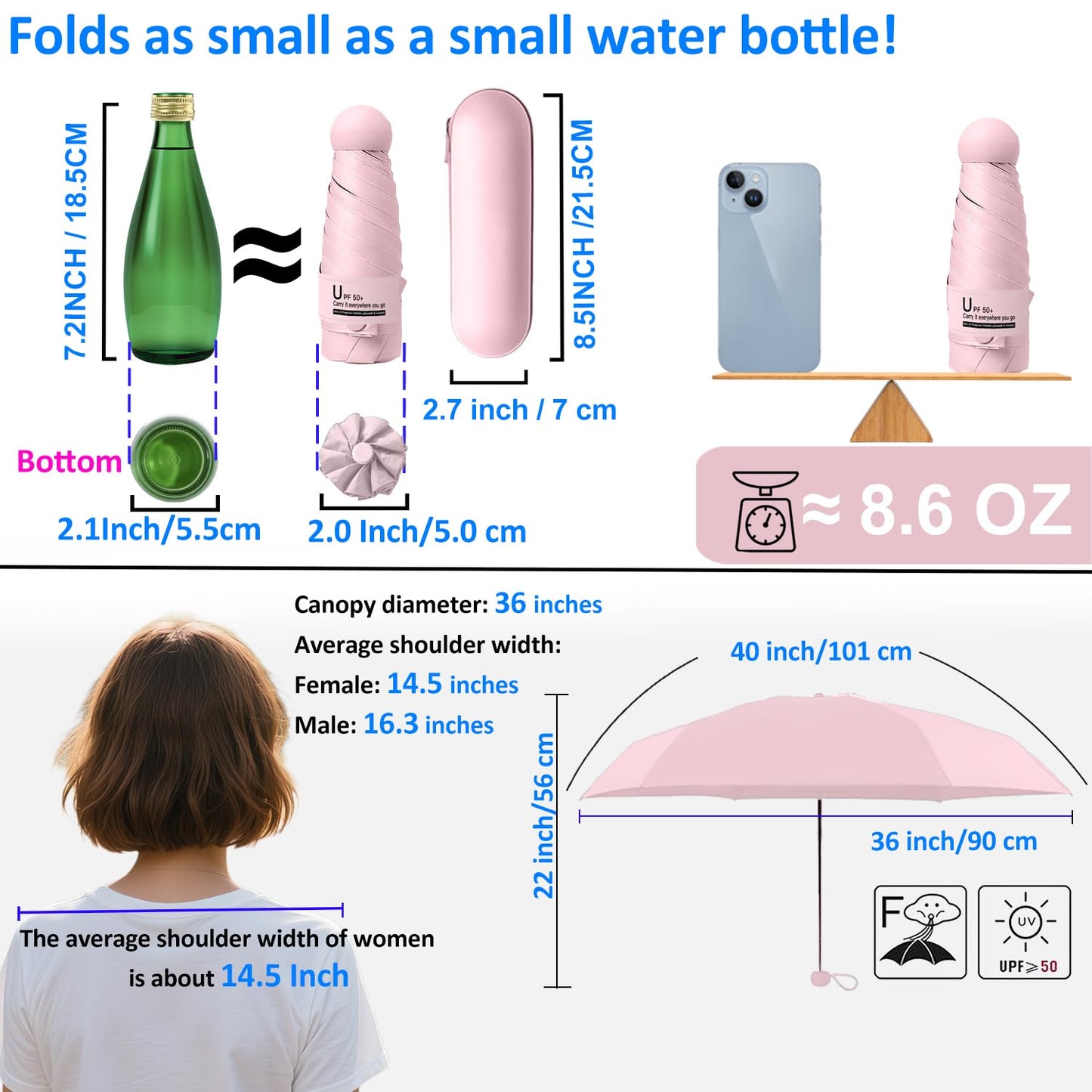 BAODINI Travel Essentials Mini Umbrella for Purse With Case Small Compact UV Sun Protection Lightweight Tiny Pocket Manual Open Close Umbrella for Women Kids and Men Fits Purse Backpack