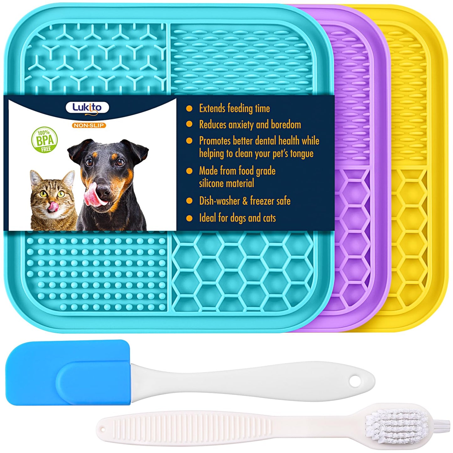 LUKITO 3PCS Lick Mat for Dogs and Cats, Licking Mat with Suction Cups for Anxiety Relief, Cat Peanut Butter Lick Pad for Boredom Reducer, Dog Enrichment Toy, Dog Lick Mat for Bathing Grooming