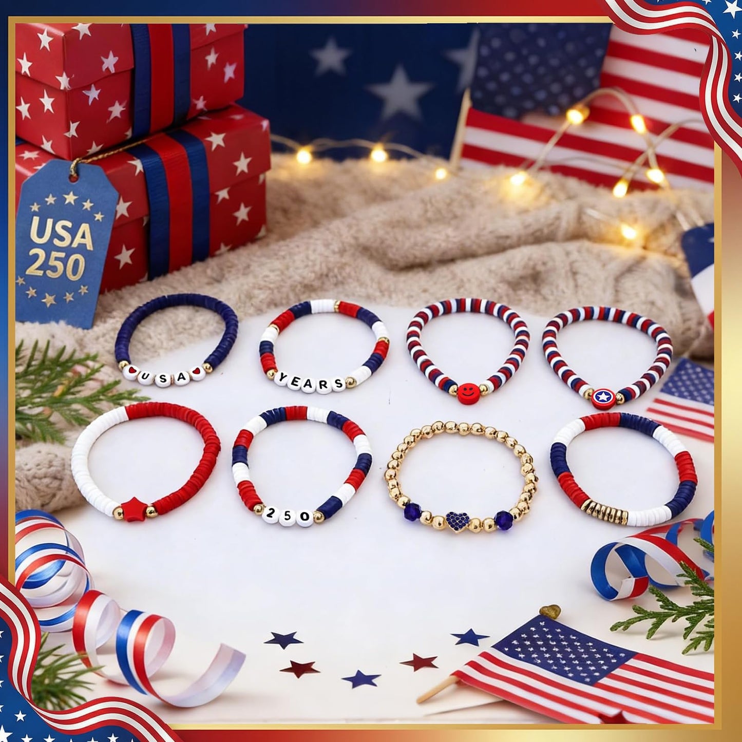 lakayfimily 250 Anniversary USA Merchandise for Women Men Teens Red White Blue Clay Beaded Stretch Bracelets USA Patriotic Jewelry 4th of July Accessories