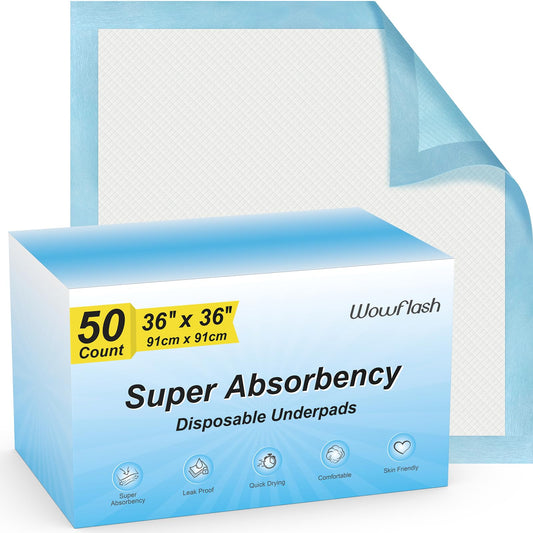 50 Count 36” x 36” Super Absorbency Disposable Underpads, Leakproof Quick Drying Disposable Pads for Baby, Puppy & Adults, Bed Pads Disposable Adults, Incontinence Pads, Dog Pee Pads