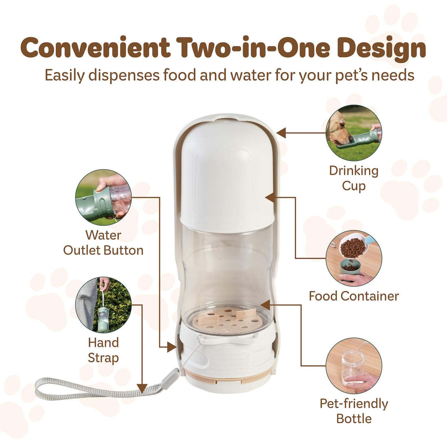 Desired Things Portable Pet Food and Water Dispenser, 2 in 1 Cat & Small Dog Water Bottle & Food Container, Lightweight, BPA Free Pet Water Bottle Traveling Essentials for Walking & Hiking - White