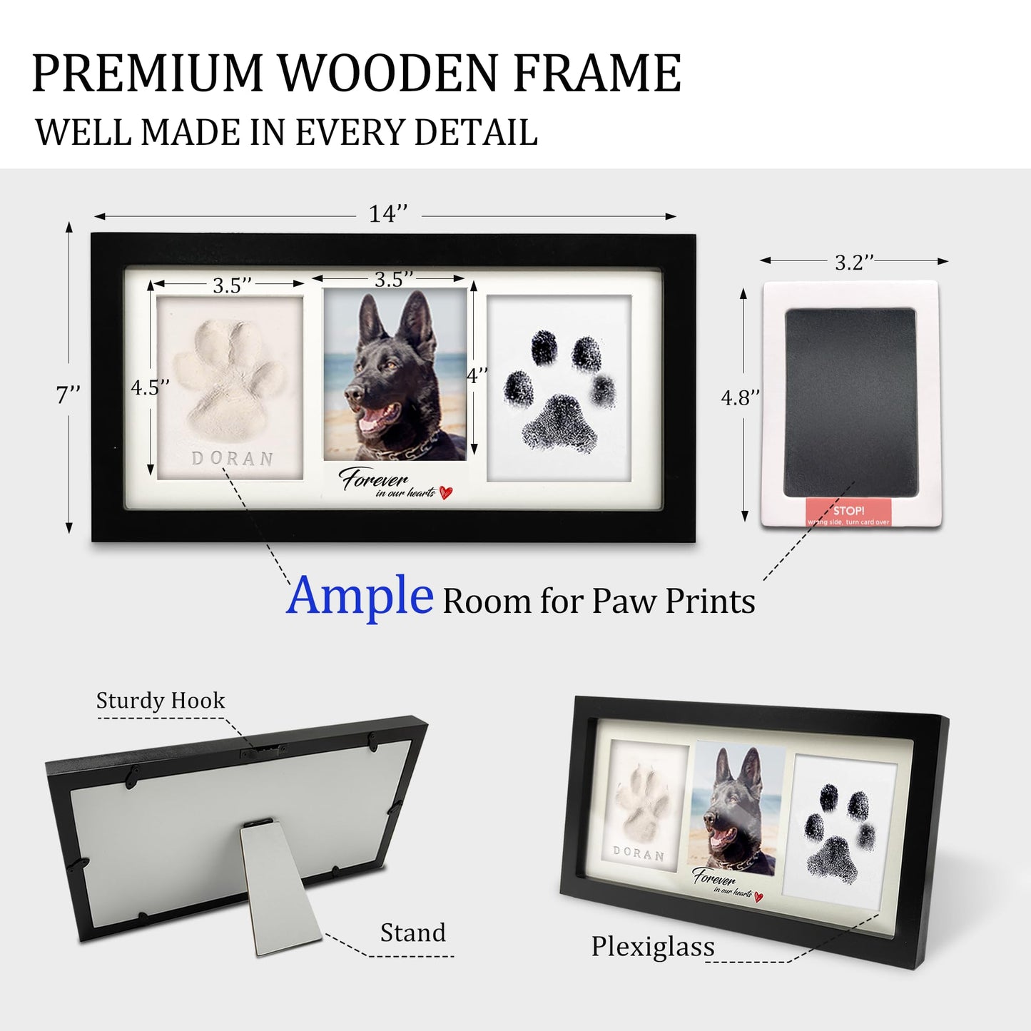 MYPAWLETS Paw Print Frame Kit,Dog/Cat Paw Print Kit,Soft Pawprint Clay&Clean Touch Ink Pad,Pet Paw Print Impression Kit with Customization Tool,Wooden Pet Memorial Frame,DIY Dog Lover Gifts-Black